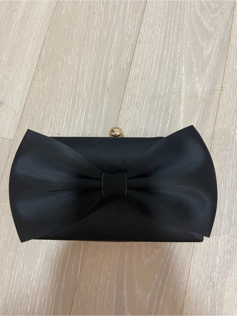 Black Satin Bow Evening Clutch with Gold-Tone Clasp